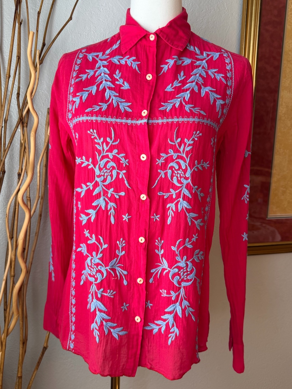 Johnny Was Women's Blue Embroidered Red Button-Up Blouse XS